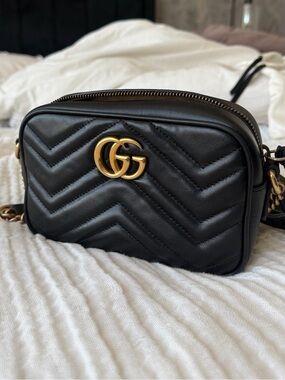 Gucci GG Marmont Mini Matelassé Black Leather Chain Shoulder Bag Authentic
